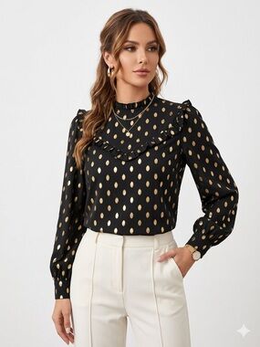 Black Gold Metallic Polka Dot Ruffle Neck Blouse Small Elegant Sheer Top